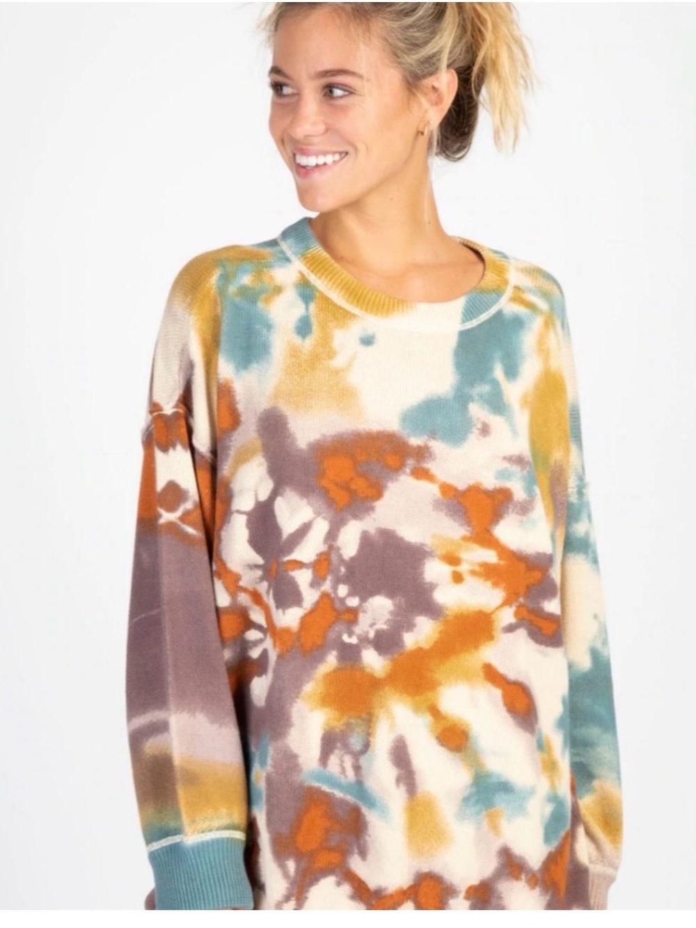 NATURAL LIFE Size L/XL Taylor Cream Ribbed Knit Tie Dye Oversized Cozy Sweater